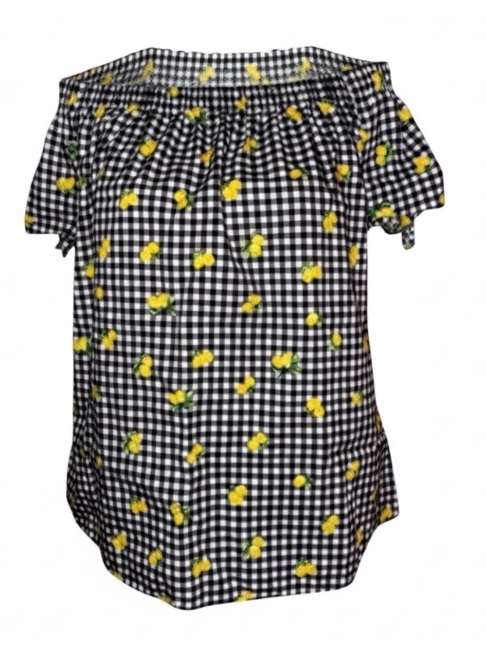 CHLOE & RENE Gingham Patterned Black & White Blouse w/Lemon Details SZ XL